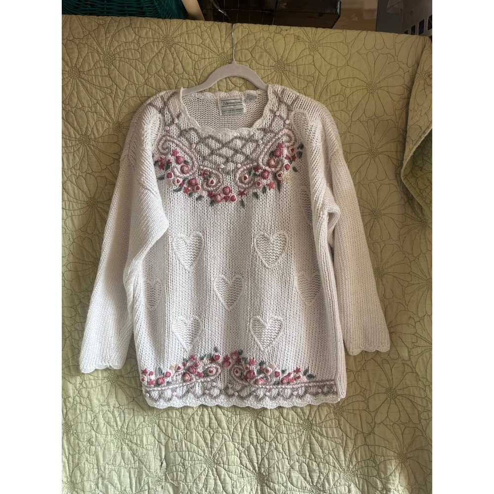 Shenanigans Vintage Hand Knit Floral Heart Sweater